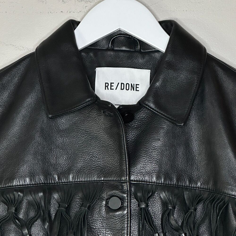 Re/Done Black Leather Fringe Jacket Drop Shoulder Women's Small NWOT - Picture 9 of 16